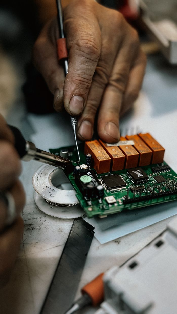 Detailed image of hands soldering and repairing an electronic circuit board.