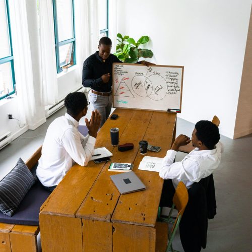 Professional team in a brainstorming session around a table in a bright office space.